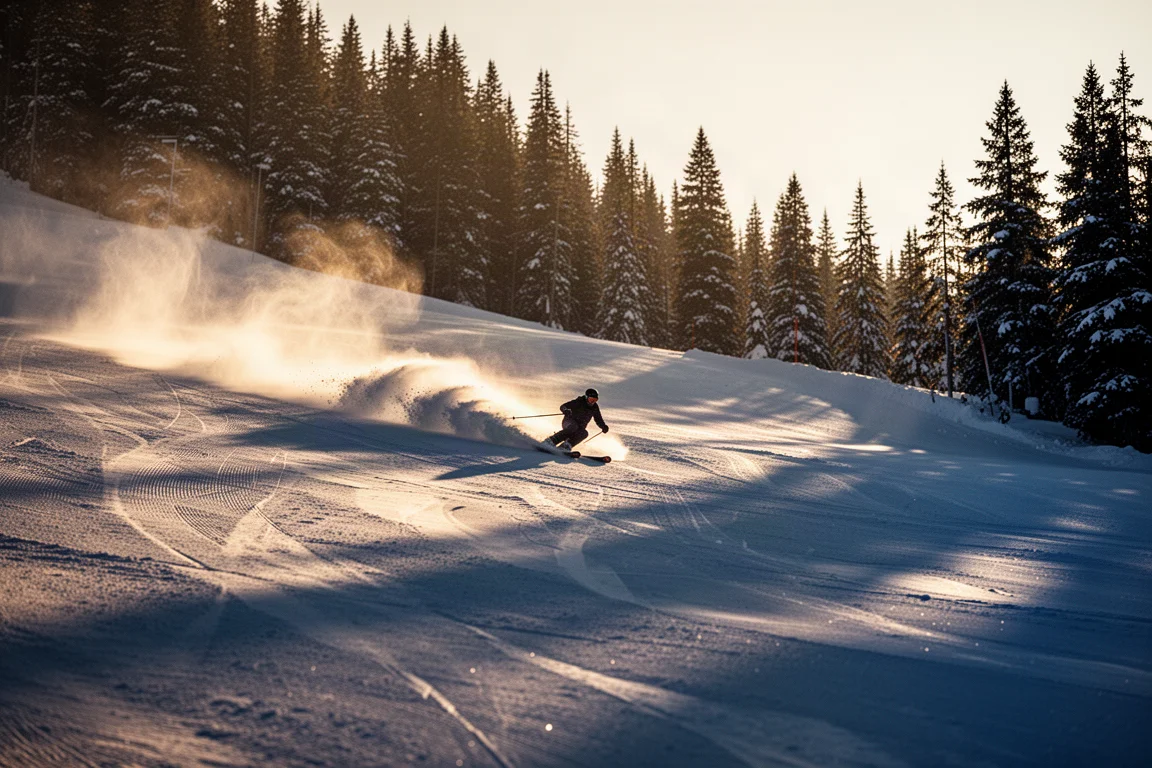 Skifahrer zieht in der goldenen Stunde einen langen Bogen auf einer präparierten Piste mit Schneegischt