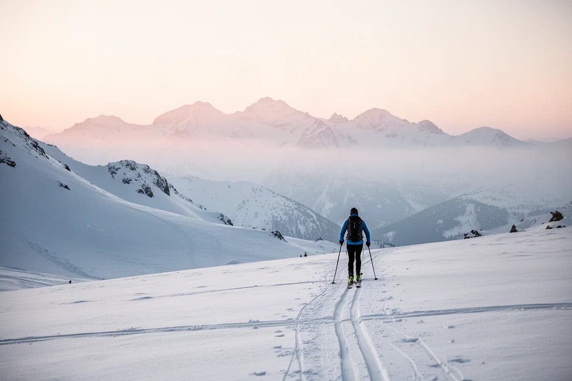 Esquiador de tour alpino em uma trilha de pele ao nascer do sol com picos cobertos de neve ao fundo