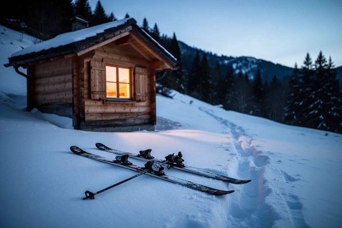 Skis de tour e botas de esqui apoiados na neve compactada fora de um refúgio de montanha ao entardecer