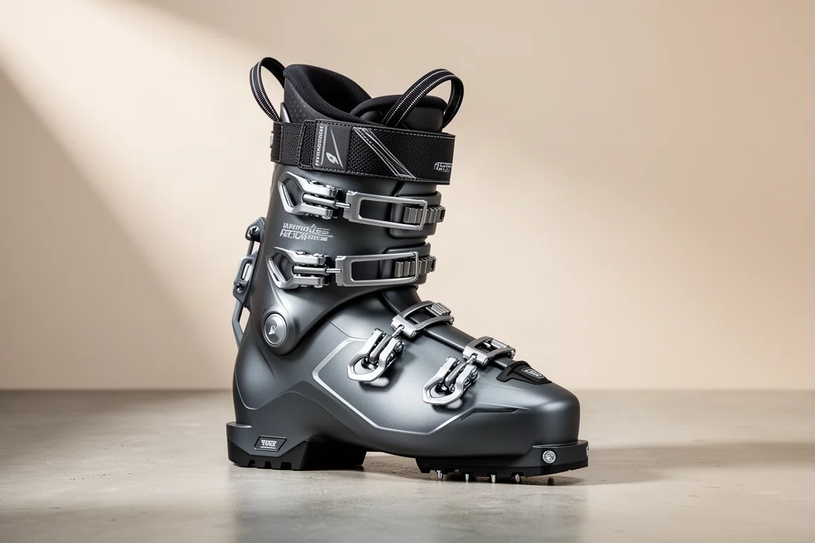 Bota híbrida de esqui alpino feminina com quatro fivelas sobre uma superfície de concreto fosco