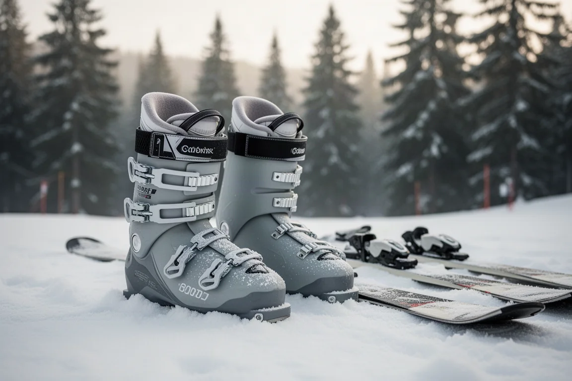 Women's alpine ski boots resting on packed snow beside skis at a resort base area