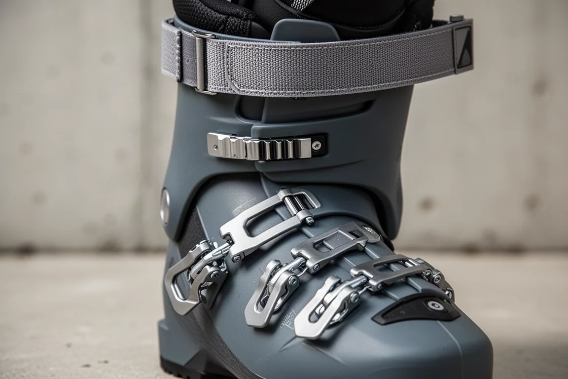 Close-up of ski boot buckles and power strap on a dark shell