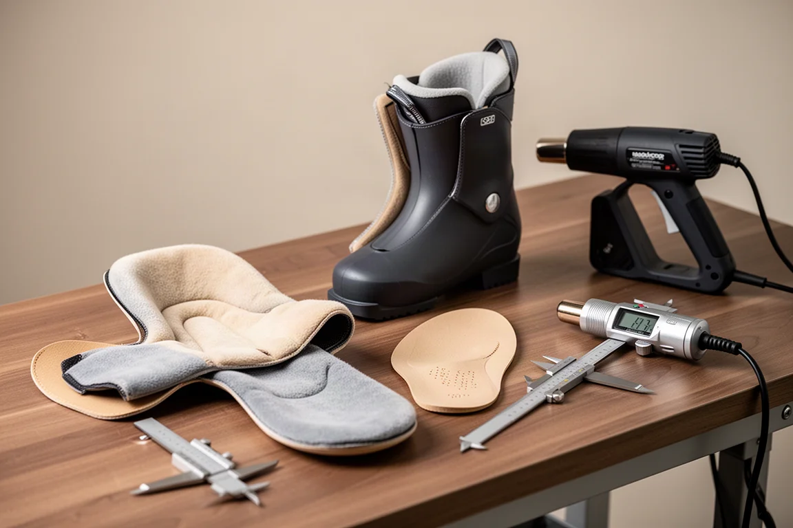 Ski boot liner and fitting tools laid out on a workshop bench
