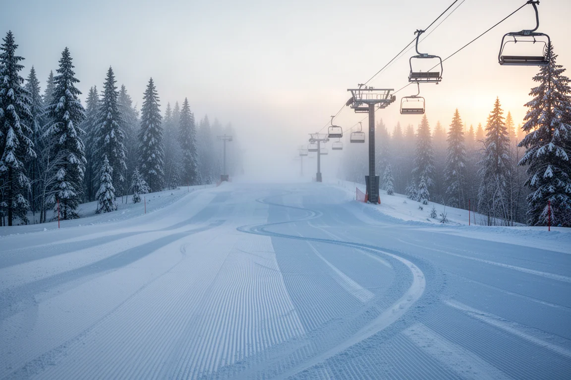 Groomed ski slope at dawn with fresh corduroy tracks and empty chairlift