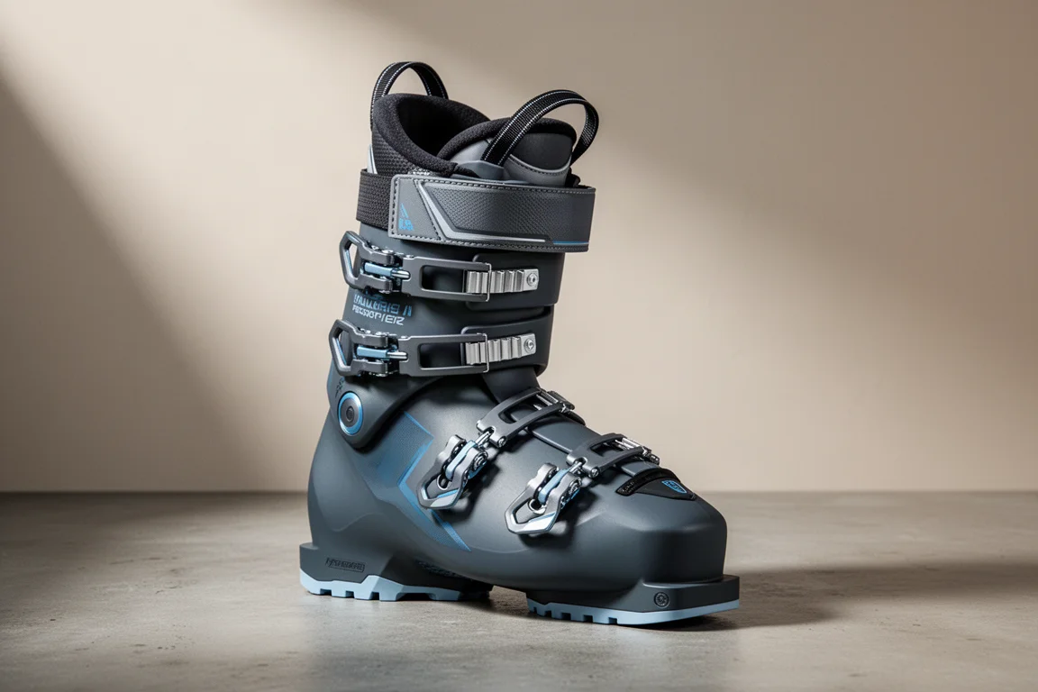 Chaussure de ski alpine femme à volume élevé avec quatre boucles et sangle de puissance posée sur du béton