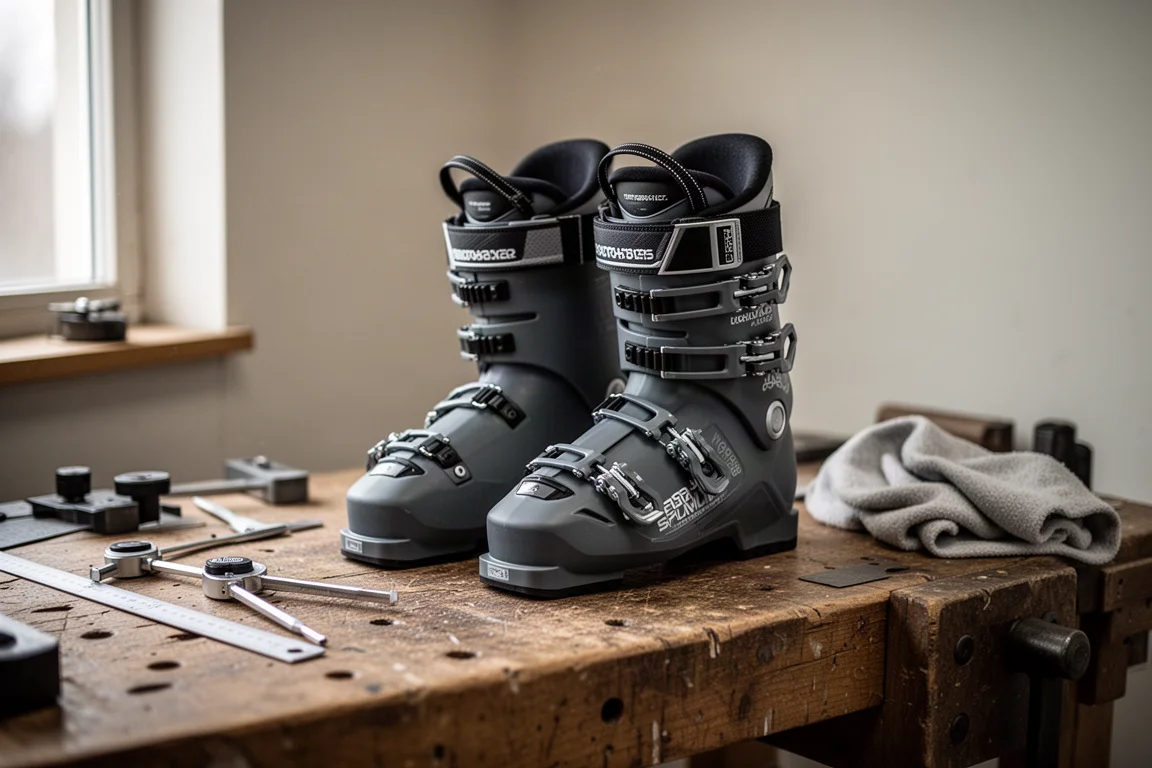 Paar skischoenen met klein volume, op een rij op een houten bank in een schoenpasvormwerkplaats