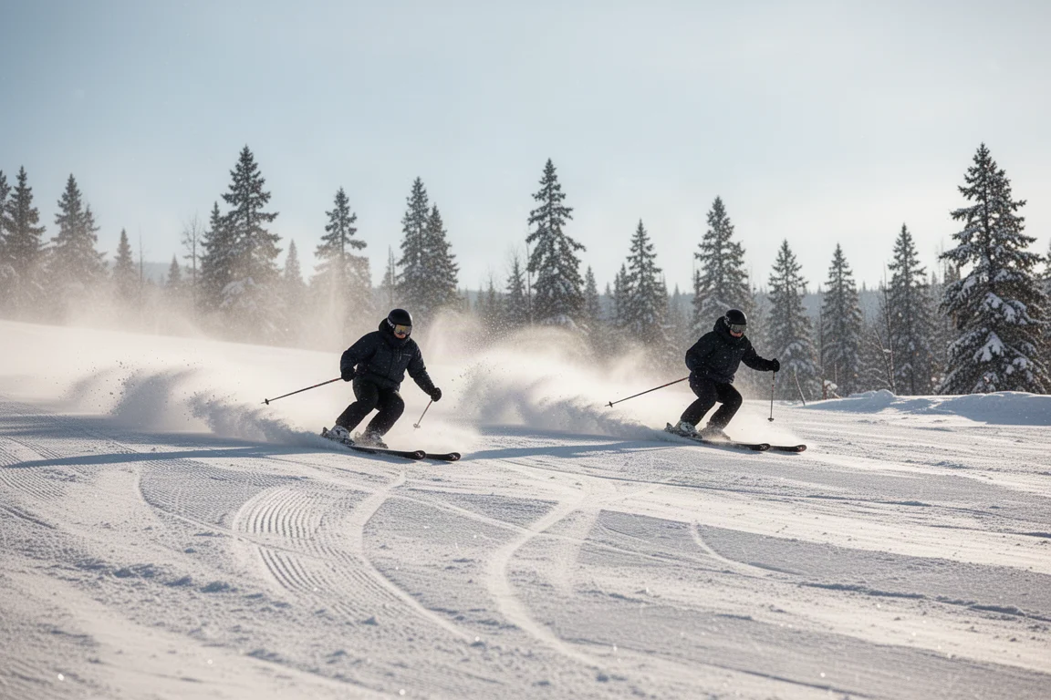Skiërs die bochten carven op een geprepareerde piste in fel winterlicht