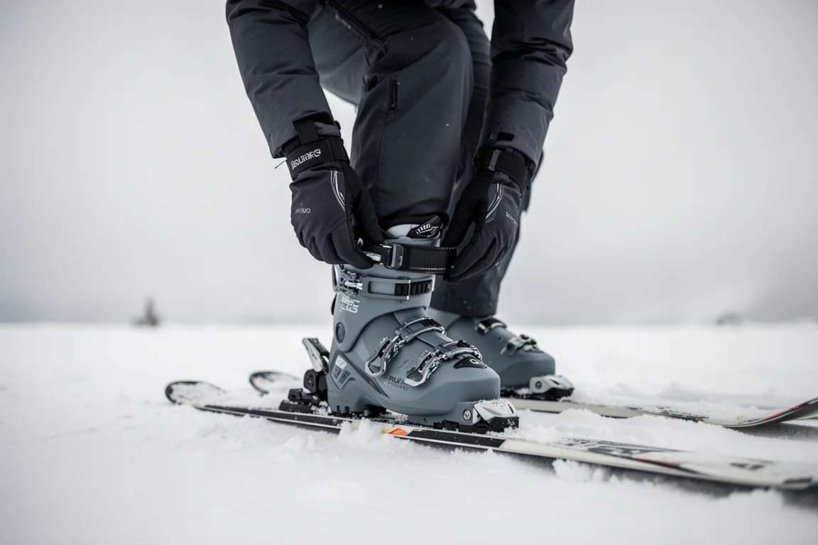 Skiër die een gesp van een skischoen bijstelt terwijl hij op verstevigde sneeuw bij een skigebied staat