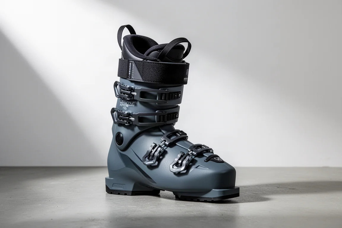 Alpine skischoen met klein volume, rechtop staand op een glad betonnen oppervlak
