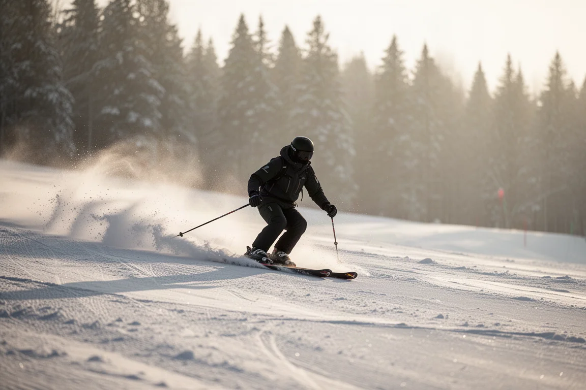 Skifahrer zieht einen langen Bogen über eine präparierte Morgenpiste, mit aufspritzendem Schnee