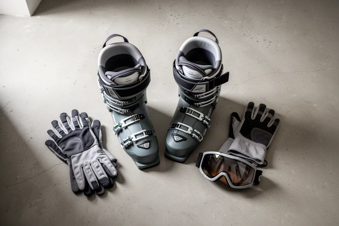 Draufsicht auf Alpin-Skischuhe mit geöffneten Schnallen neben Handschuhen und Skibrille