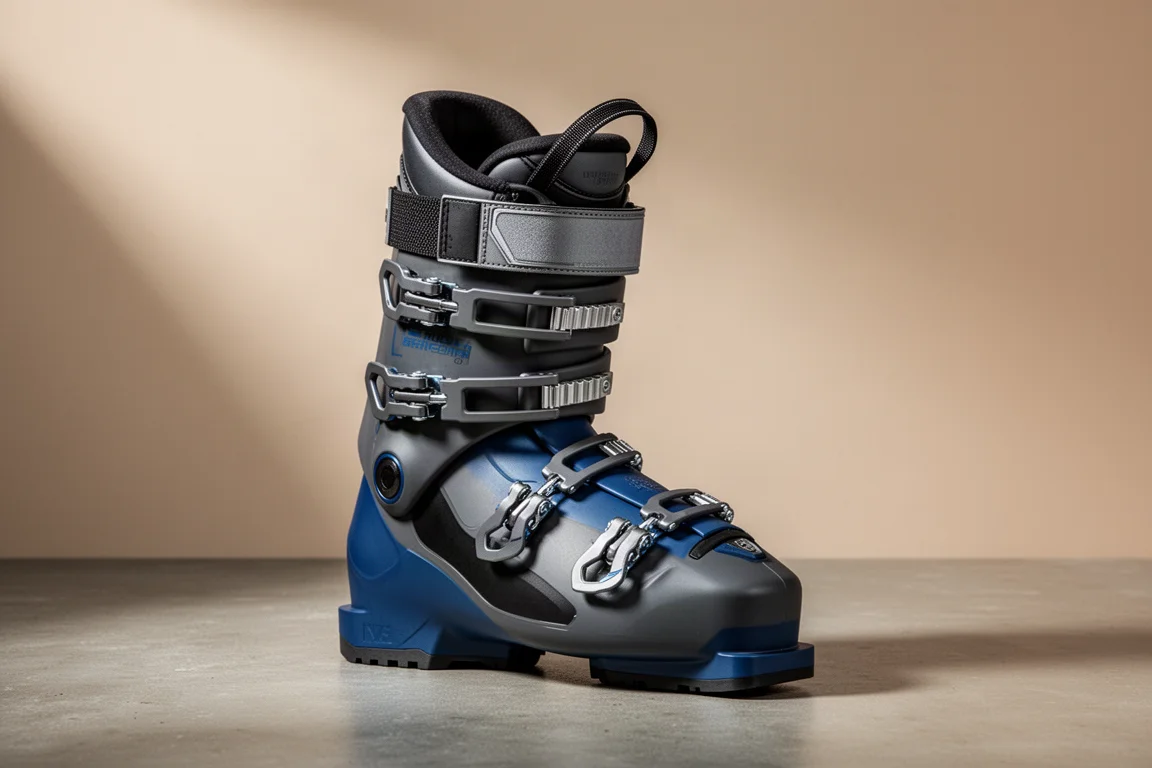 Alpiner Skischuh mit weiter Passform in Anthrazit und Blau auf einer Betonfläche