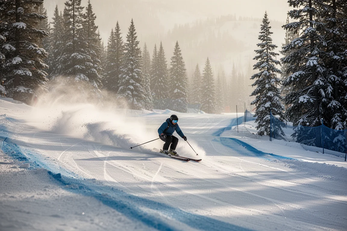 Skieur détalonnant une courbe sur une piste fraîchement damée à la lumière du petit matin