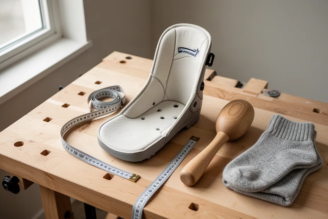 Chausson de chaussure de ski sur un établi en bois à côté d'outils de fitting et d'une chaussette