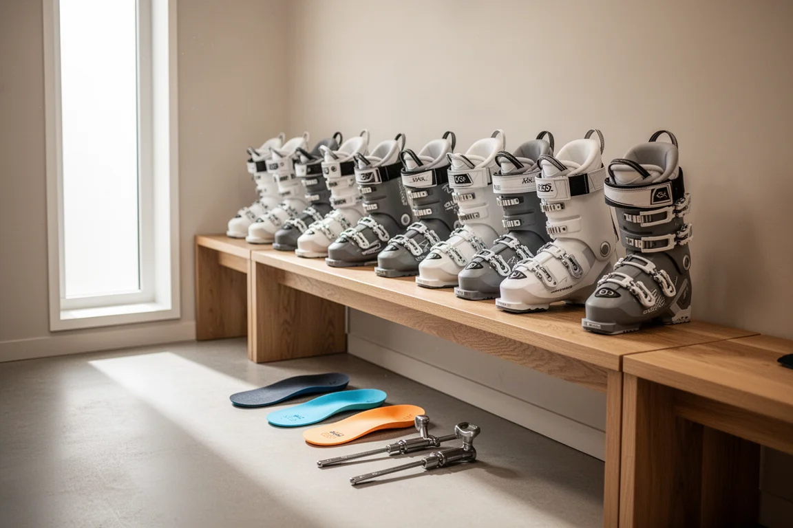Rangée de chaussures de ski et d'outils de fitting sur un banc dans une boutique lumineuse