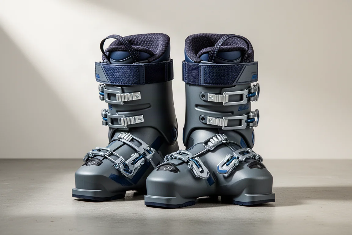 Paire de chaussures de ski alpin anthracite à quatre crochets et sangle de puissance posées sur du béton