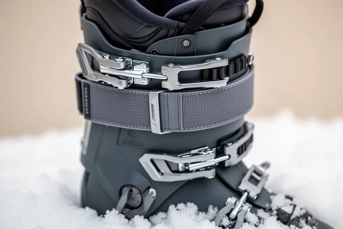 アルペンスキーブーツのカフとバックル部品のクローズアップ。背景に雪がある