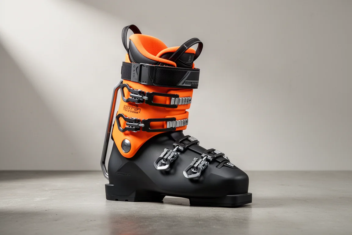 Low-volume alpine ski boot with matte black shell and orange cuff on concrete