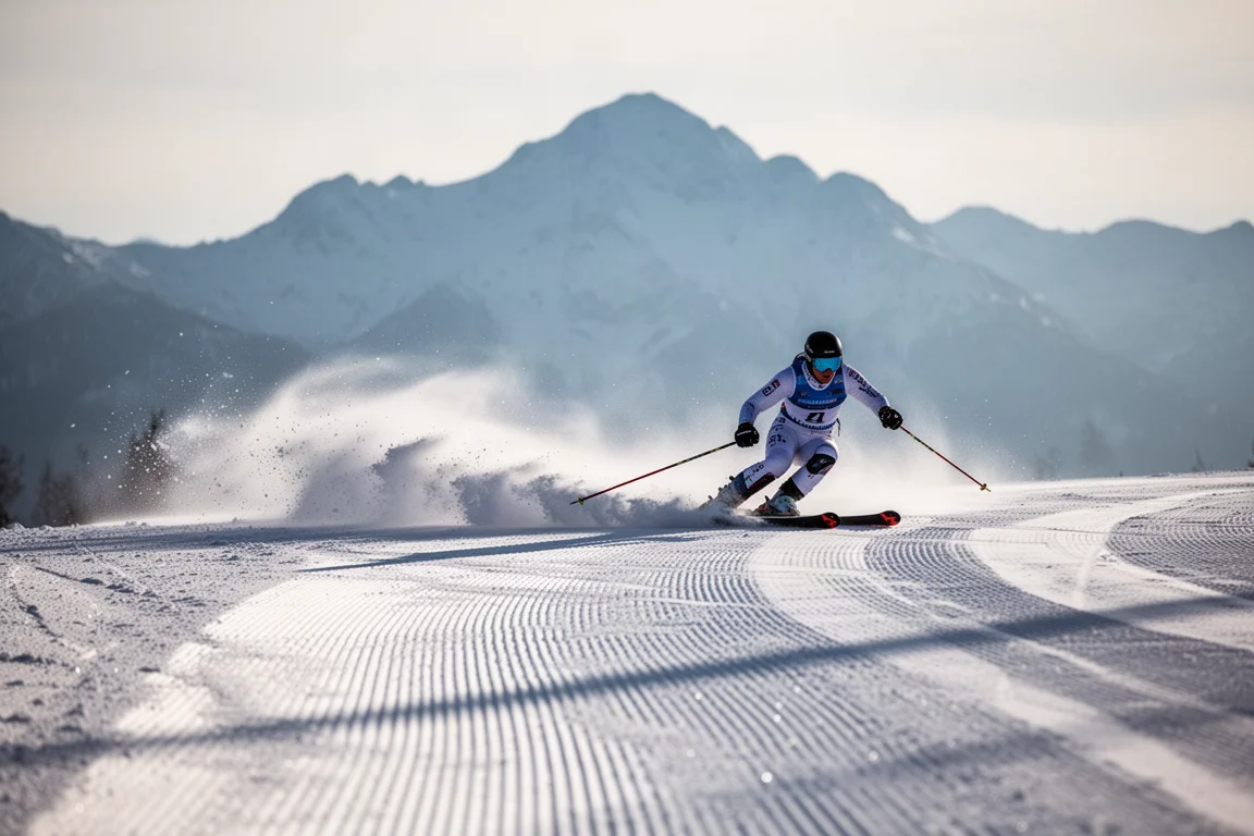 Advanced skier carving a groomed slope with snow spray in cold morning light