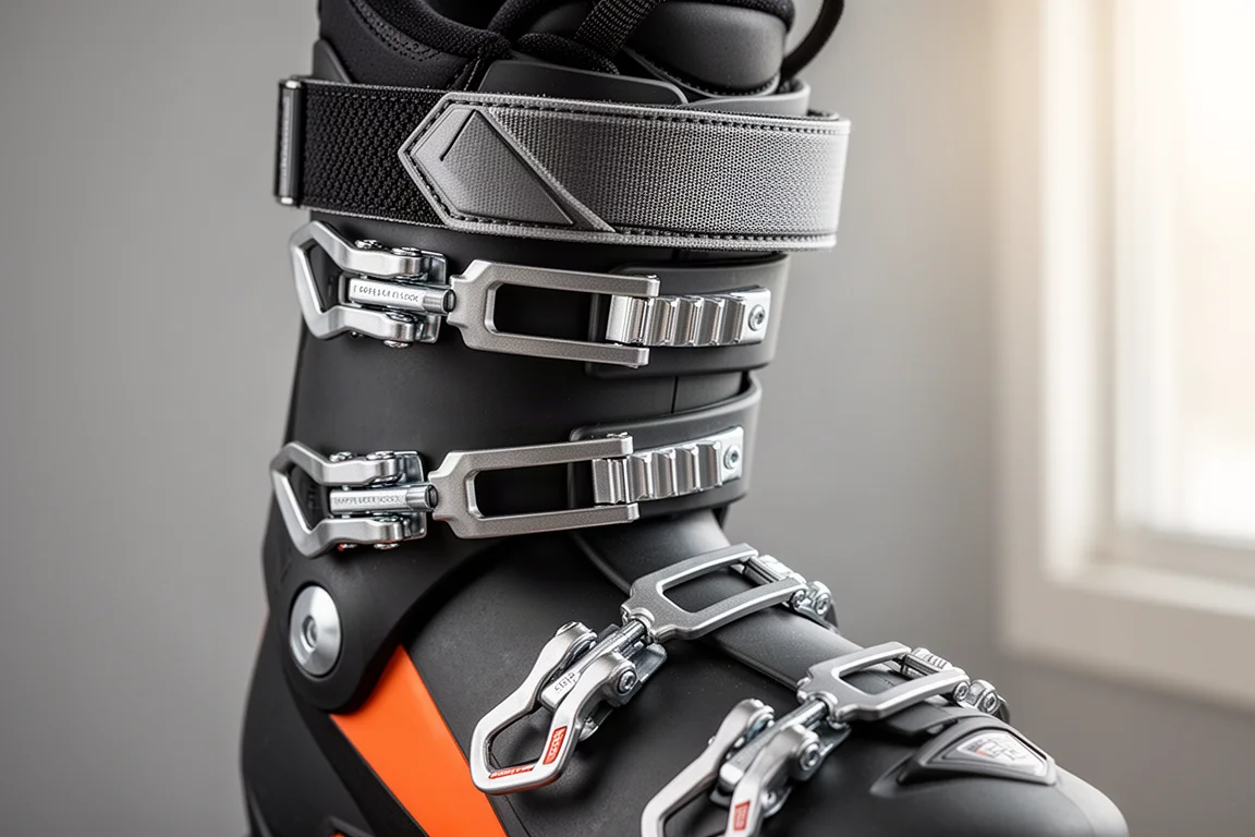 Close-up of four micro-adjustable ski boot buckles and a wide power strap