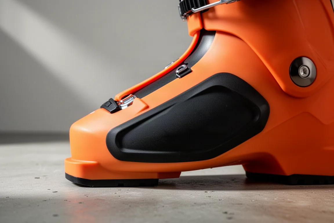Detail of a ski boot lower shell instep area showing a softer flex panel