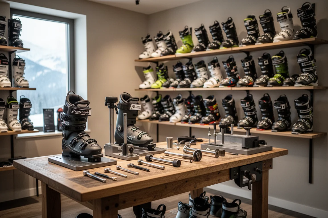 Ski shop boot-fitting workbench with rows of boots on shelves behind