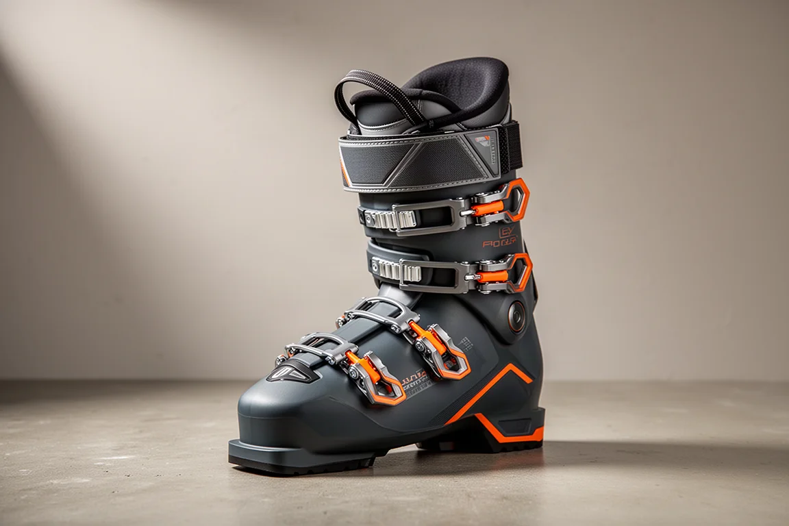 Scarpone da sci alpino Tecnica Mach1 130 MV mid-volume su una superficie di cemento opaco