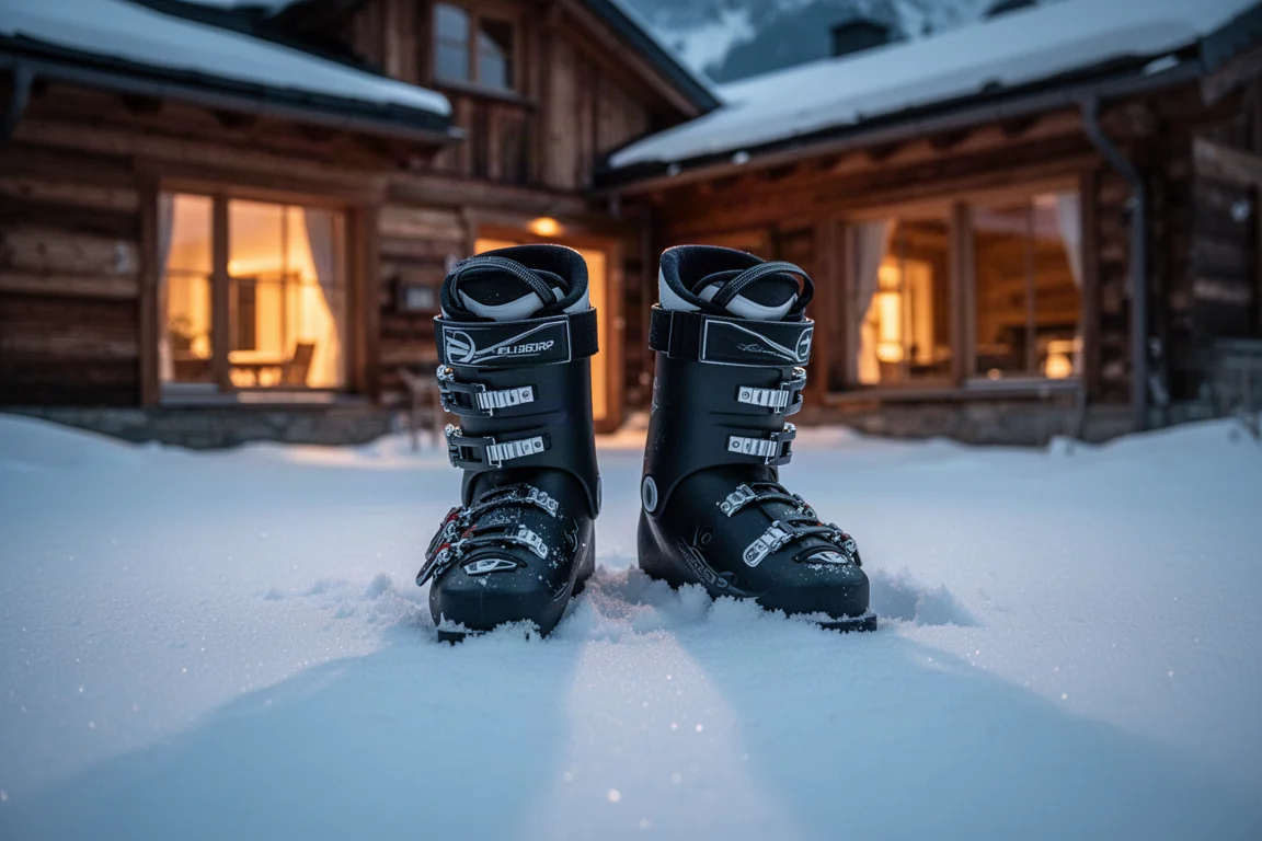 黃昏時分一對滑雪靴立於山間小屋外的新雪中