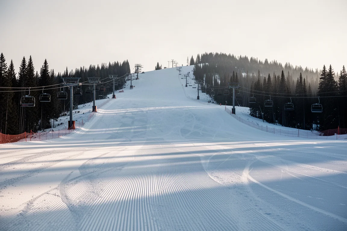 Leer präparierte Skipiste in einem Skigebiet im frühen Morgenlicht