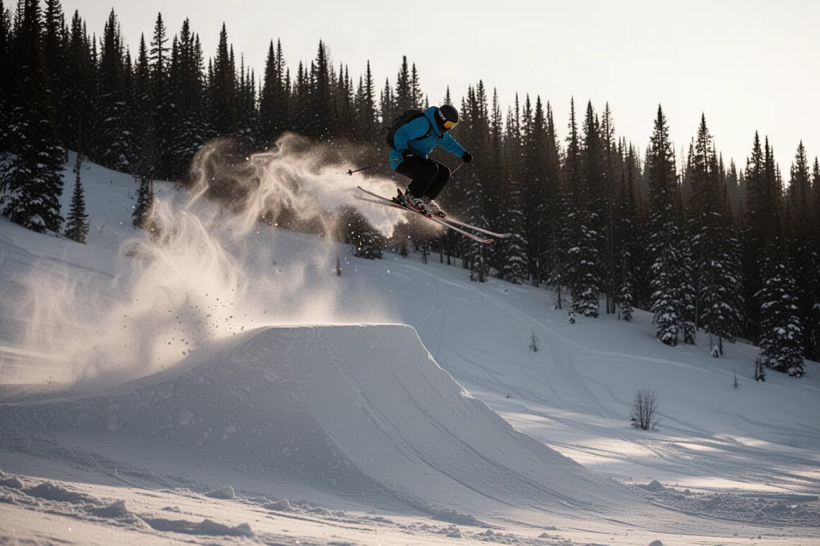 Backcountry skier launching off a built snow jump in soft powder at dusk