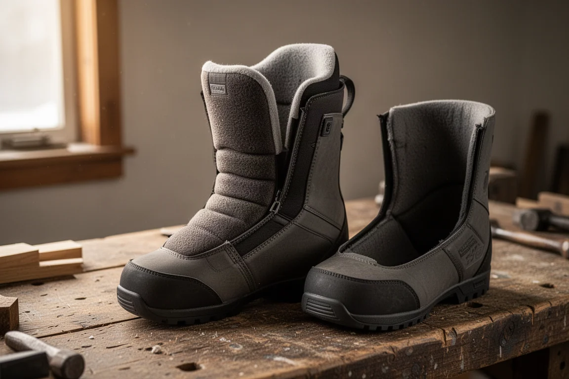 Ski boot liner and shell interior resting on a workshop bench under warm light