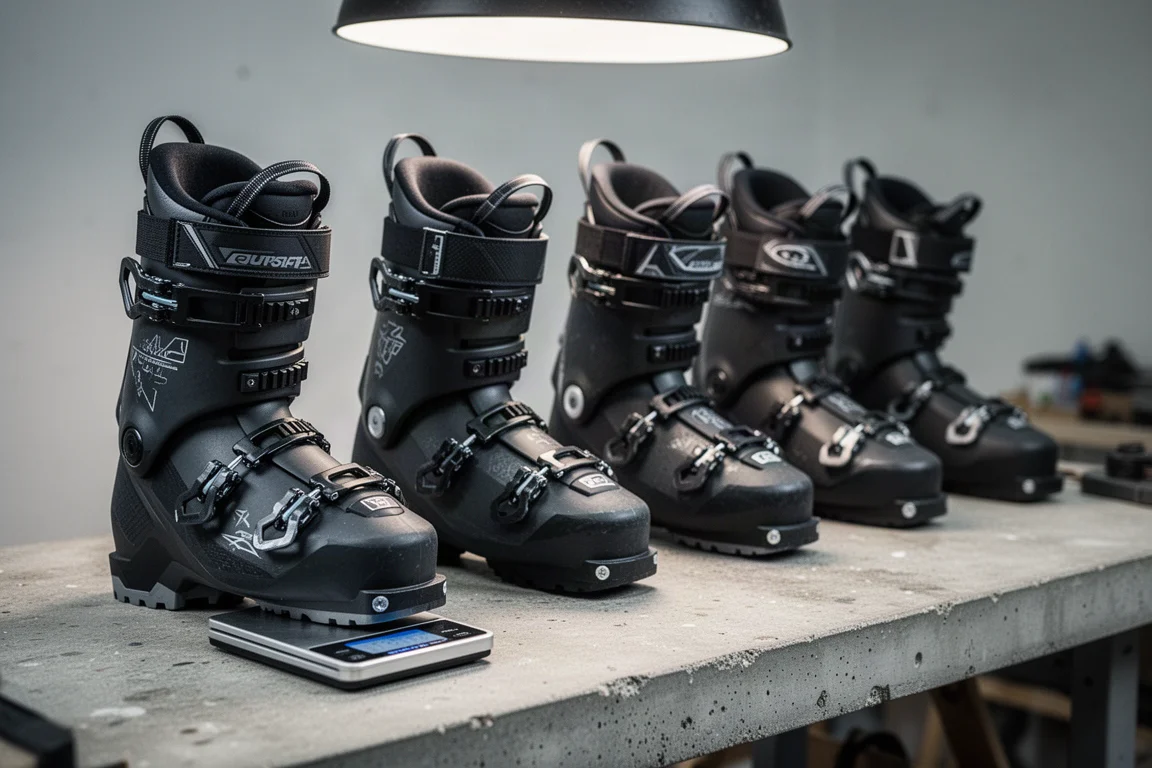 Row of touring ski boots on a workshop bench beside a digital scale