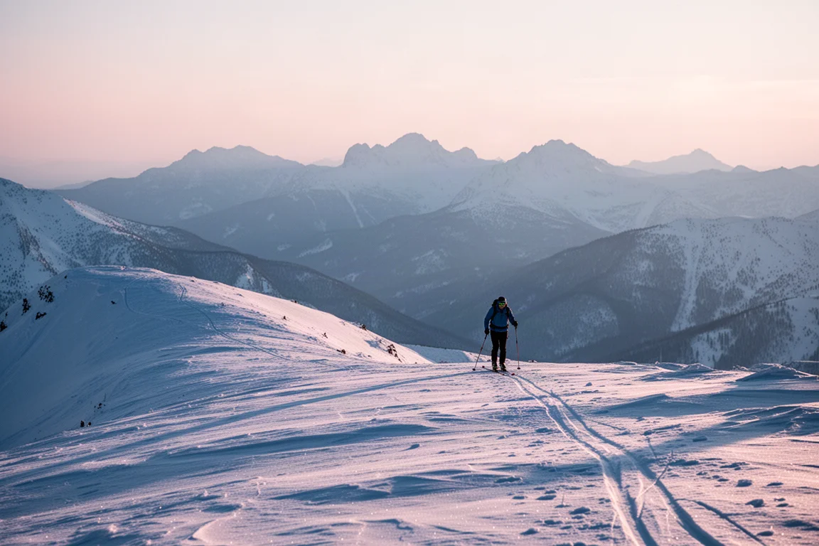 Skier skinning uphill along a ridge at dawn toward distant peaks