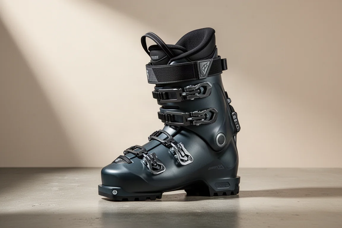Two-piece ski touring boot with buckles, power strap, and rear walk lever on concrete