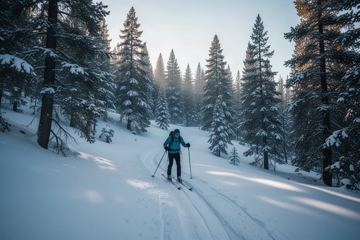Skifahrer peilt bei Sonnenaufgang einen Serpentinenweg durch einen schneebedeckten Kiefernwald hinauf