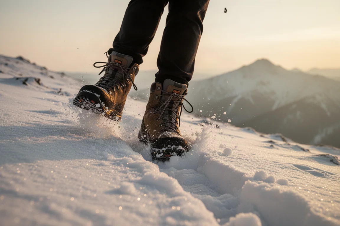 Tourenschuhe in Bewegung beim Treten einer Spur entlang eines verschneiten Grats bei Sonnenaufgang