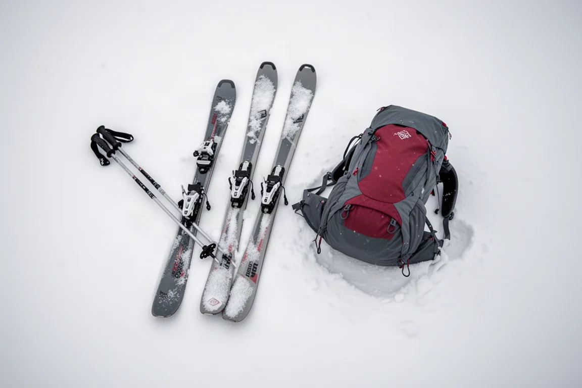 Tourenski mit Tech-Bindungen, Stöcken und Rucksack auf frischem Schnee ausgelegt