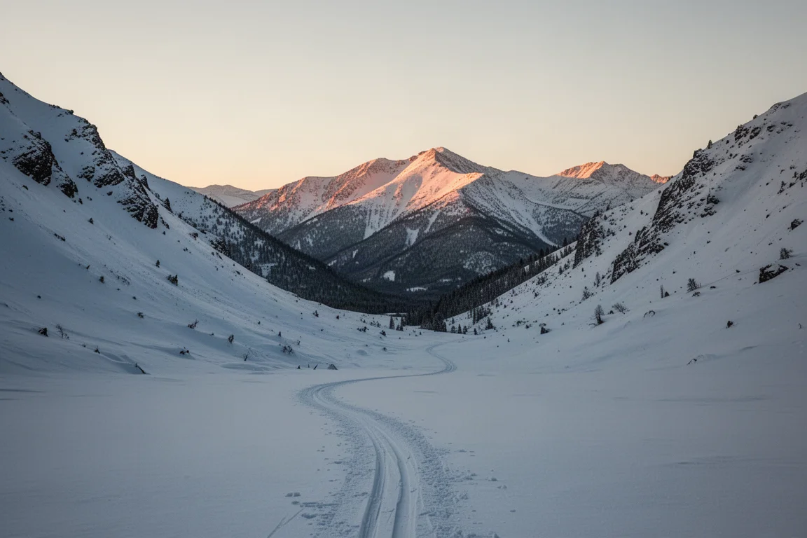 Breites schneebedecktes Tal in der Abenddämmerung mit einer Skinspur, die zu einem fernen Grat führt