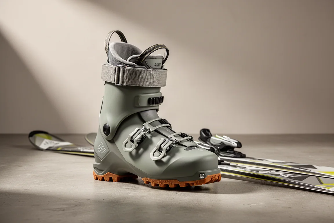 Leichter Alpinskitourenschuh mit Powerstrap und profilierten Gummisohlen auf Beton