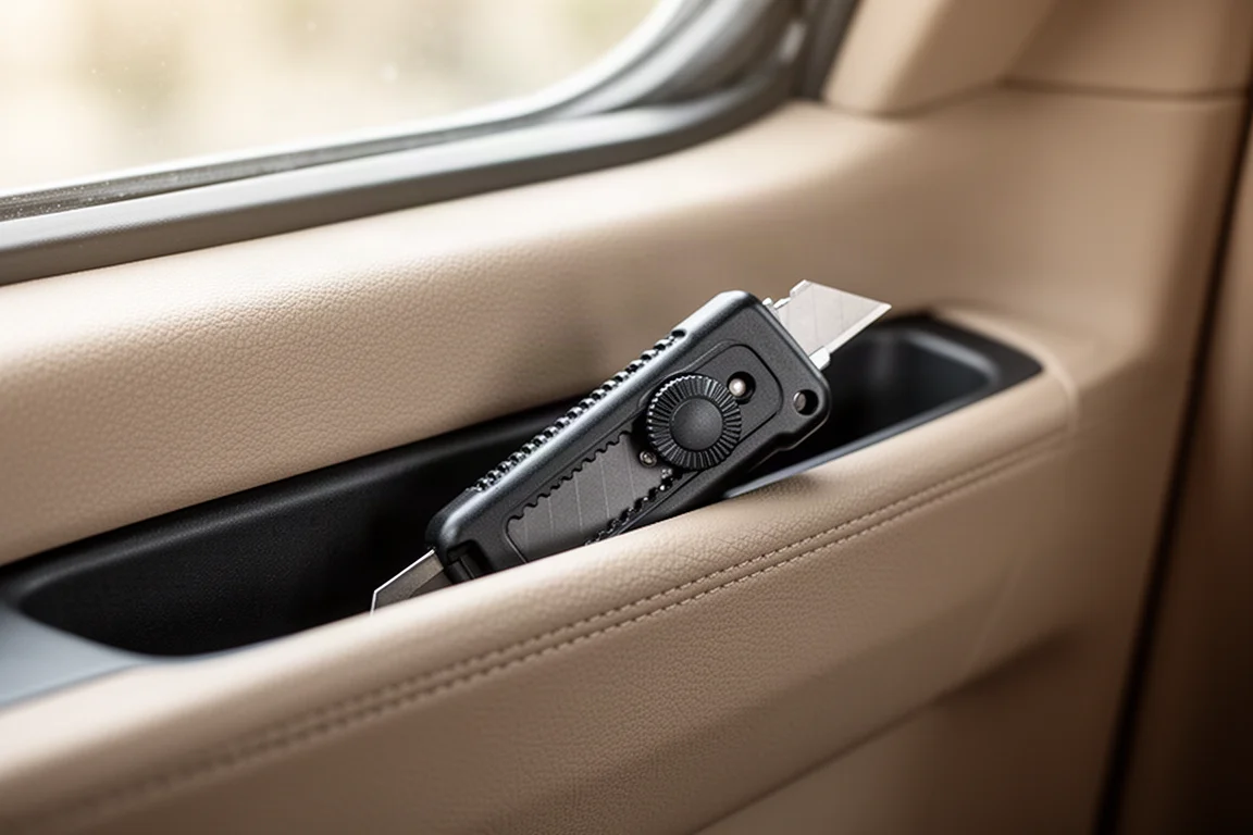 Coltello multiuso retrattile appoggiato nella tasca portaniente di una portiera auto
