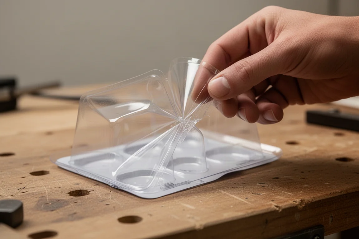 Mani che aprono una confezione di plastica sigillata senza utensili da taglio