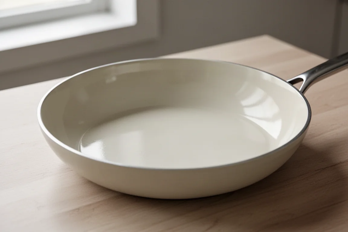 Close-up of a glossy ceramic-style non-stick pan interior on a kitchen counter