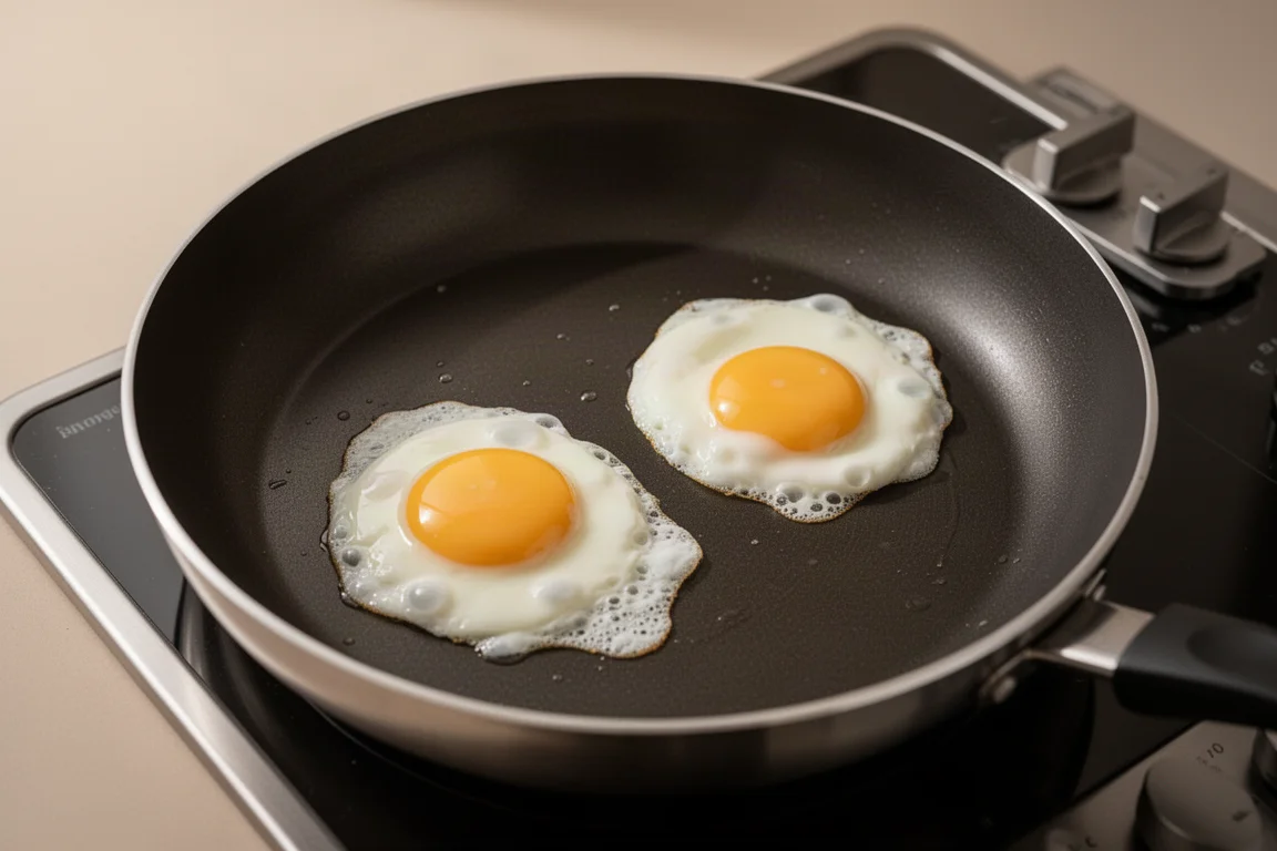 Eggs cooking in a non-stick pan sliding freely across the cooking surface