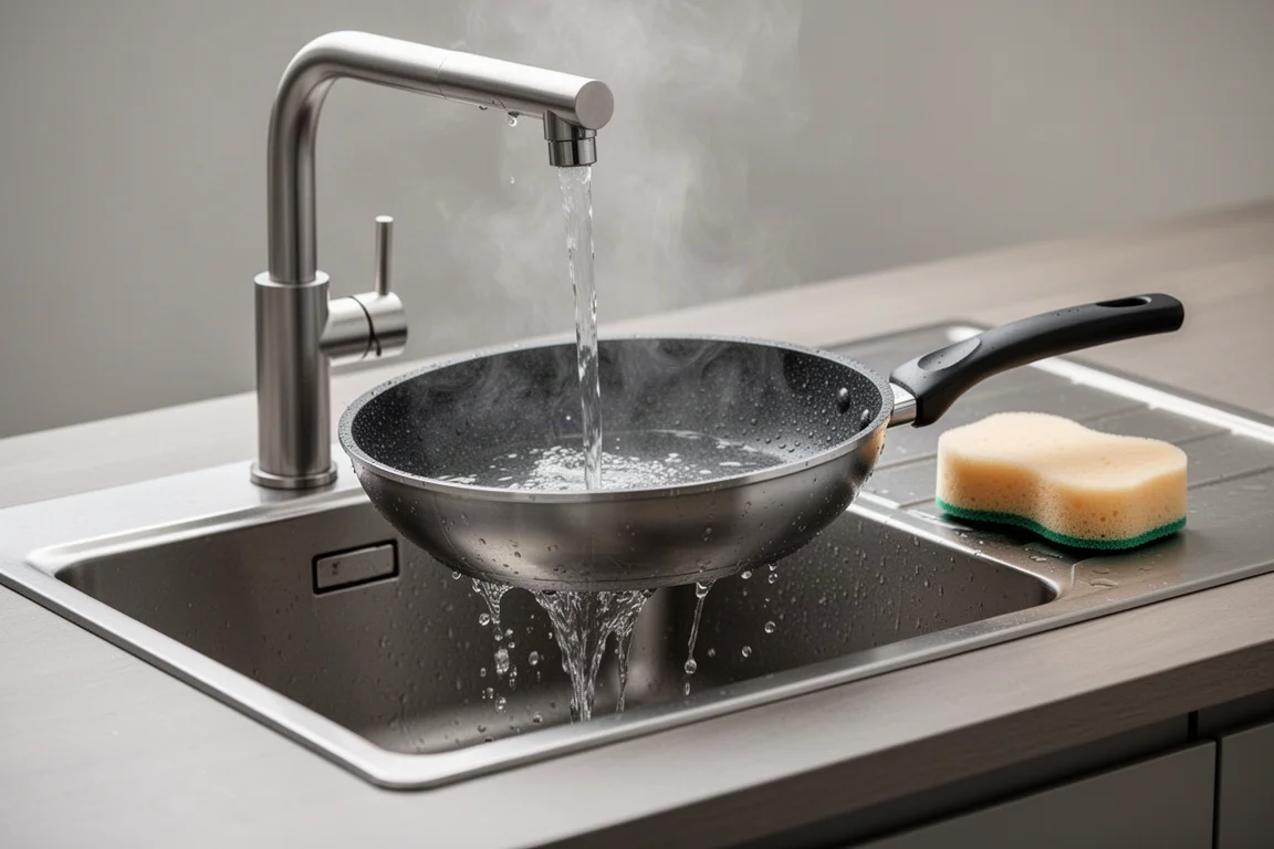 Person cleaning a non-stick pan with a soft sponge at a kitchen sink