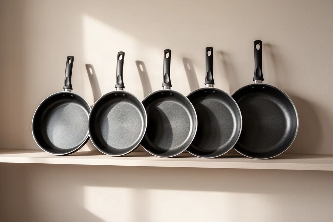 Kitchen shelf with several non-stick pans neatly stored