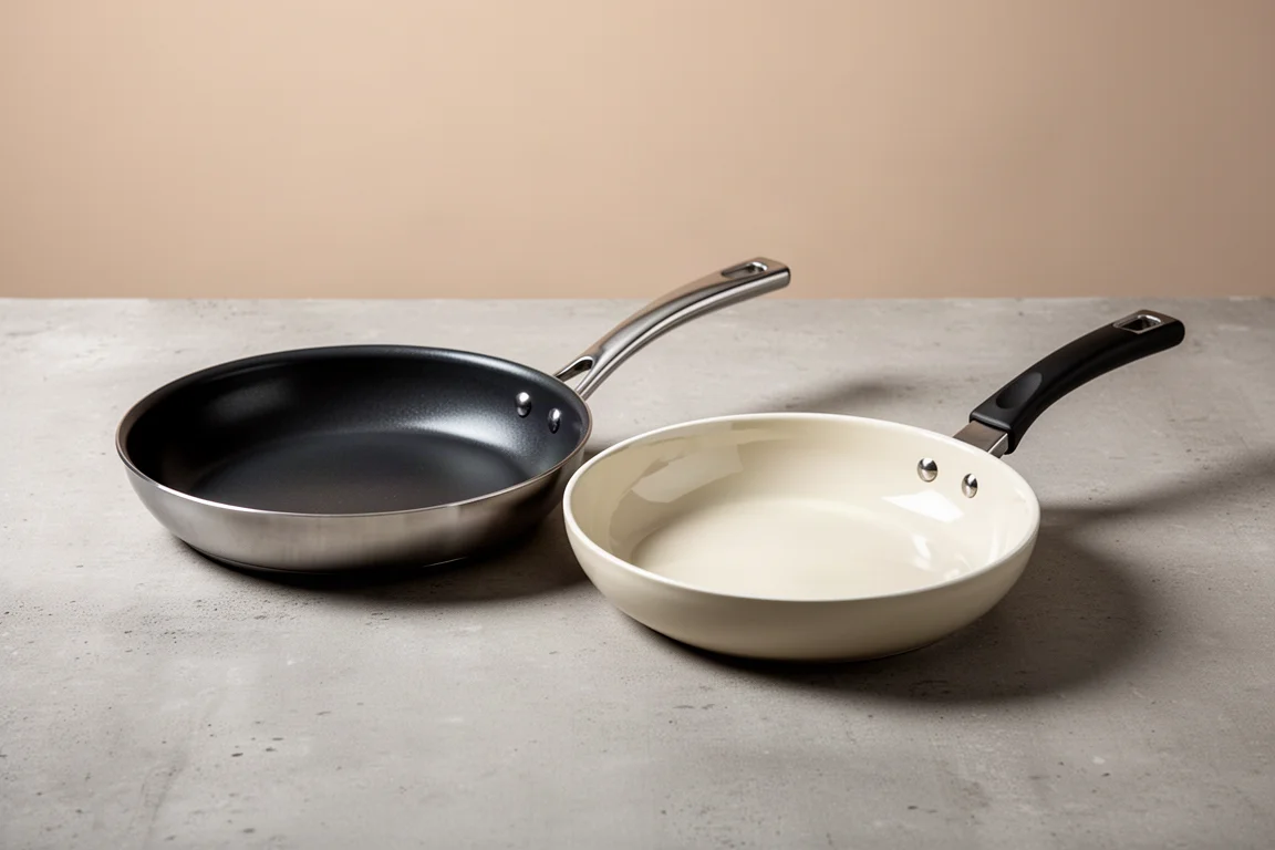 Teflon-coated and ceramic-coated non-stick frying pans side by side on concrete