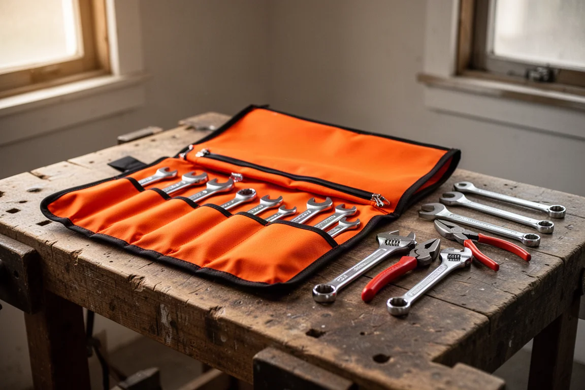 Bright orange tool roll lying open on a workbench with tools laid beside it