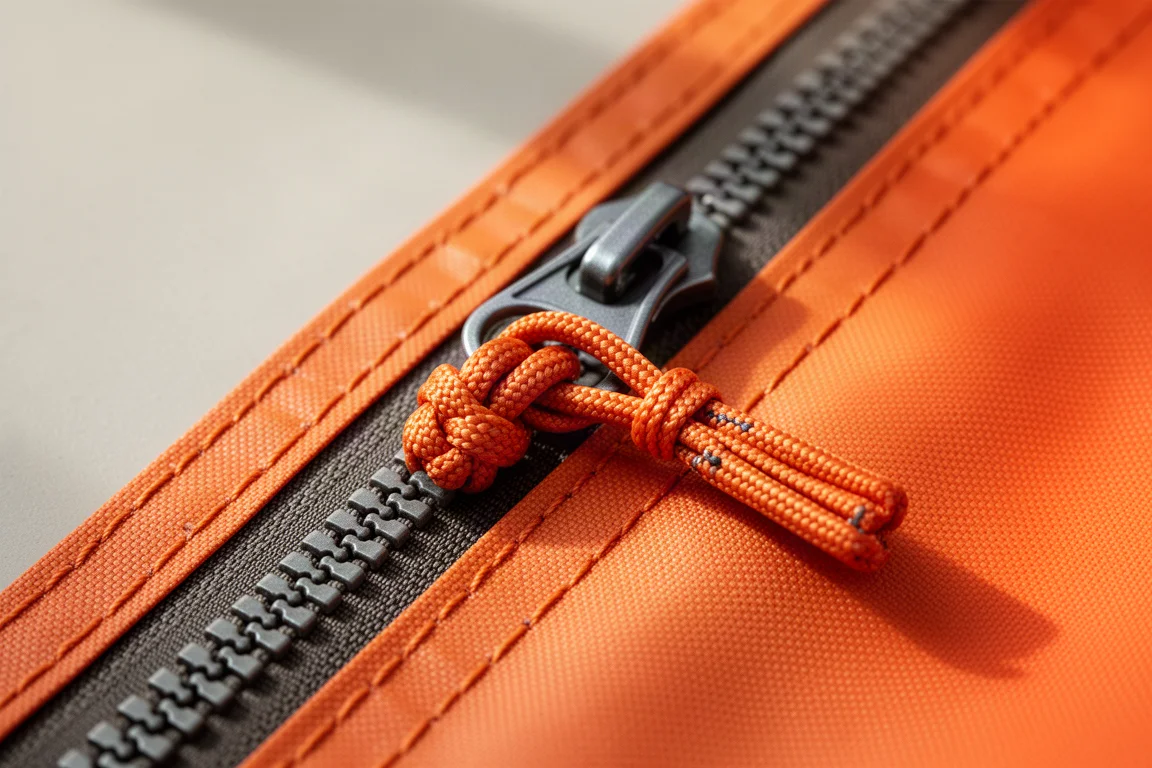 Close-up of a YKK zipper with paracord pull on orange nylon fabric