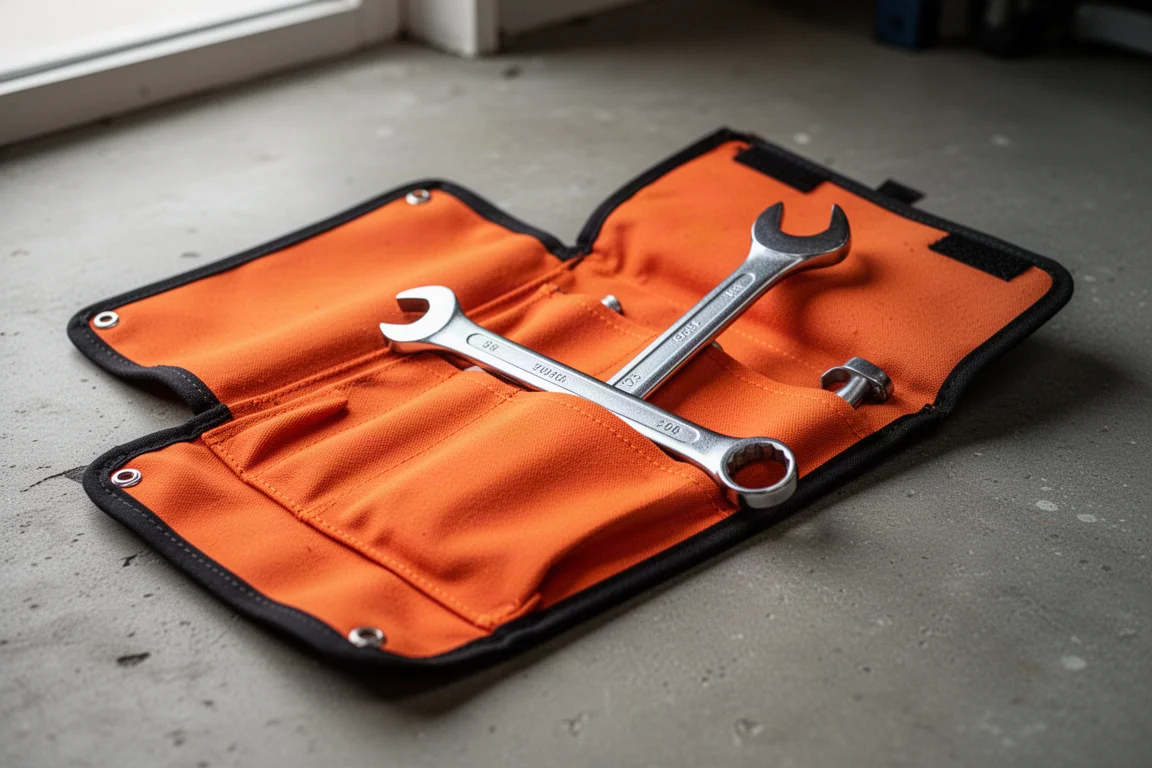Long wrench sliding into a full-length tool roll pocket