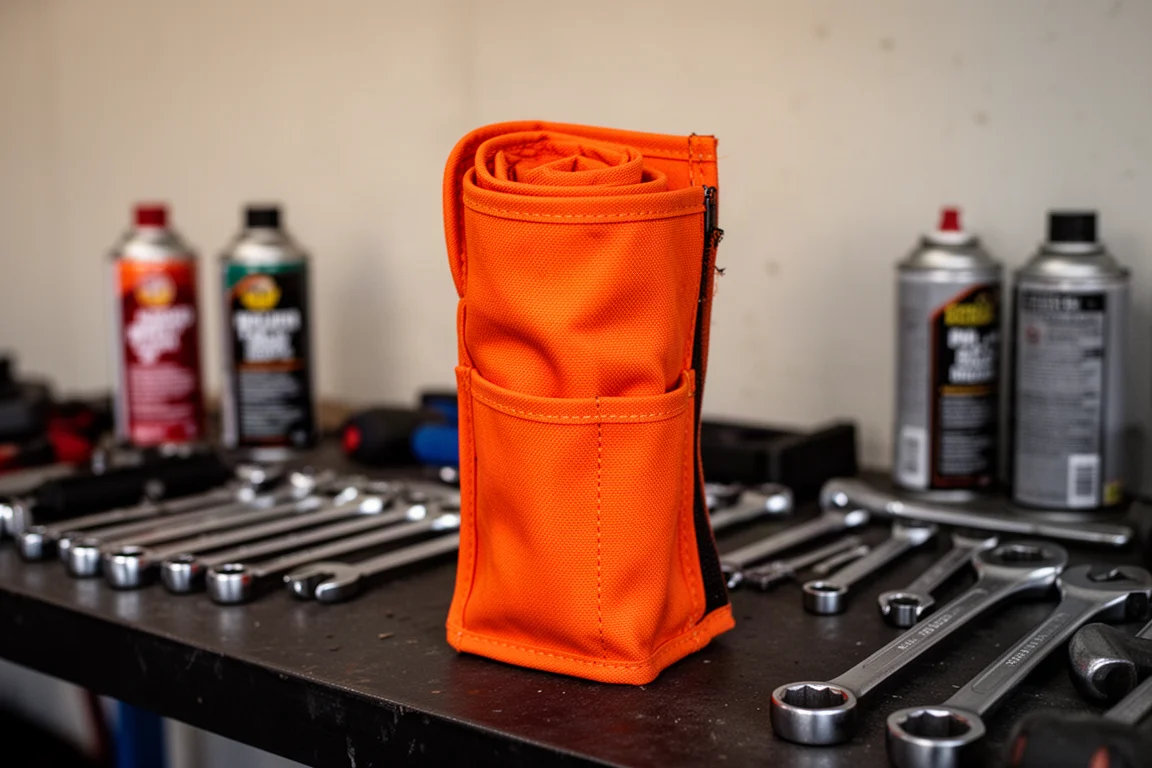 Rolled-up orange tool roll secured with buckles on a garage bench